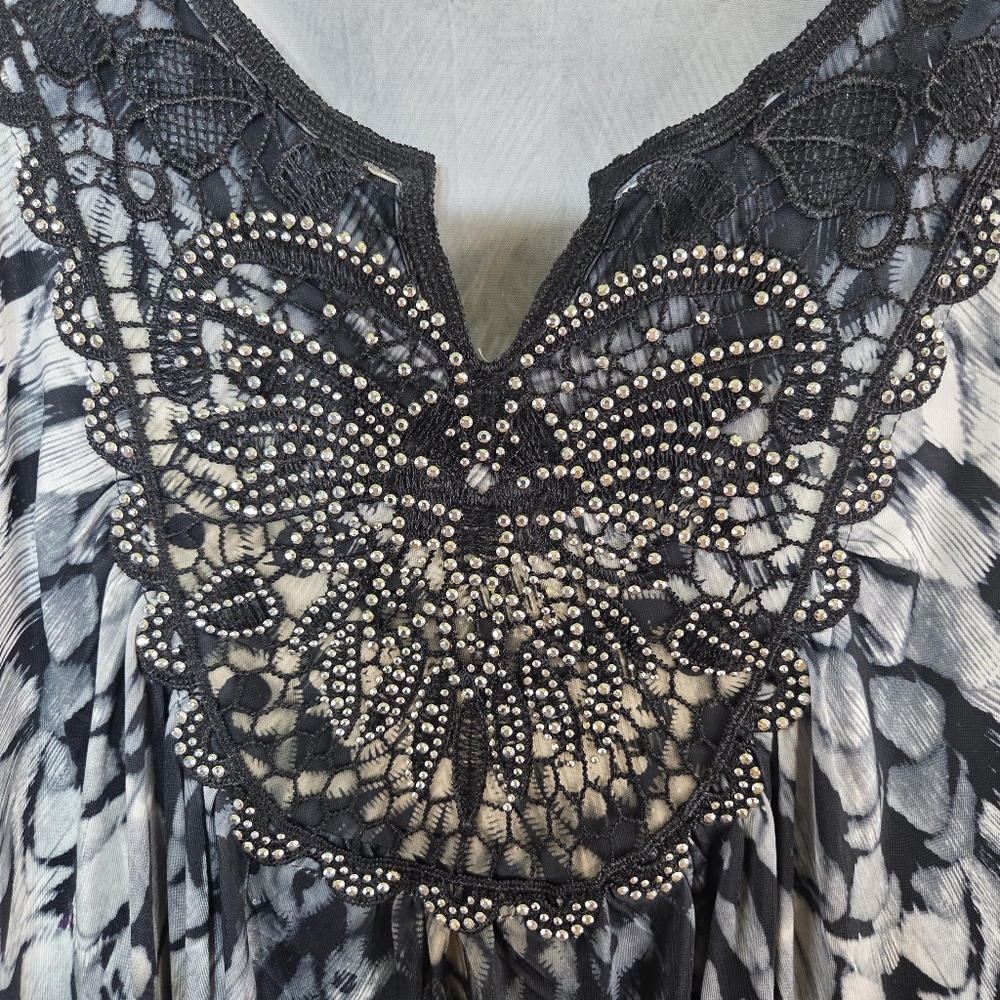 Women's One World Boho Black White Feather Owl Beaded Lace Short Dress Size XL - Picture 4 of 13